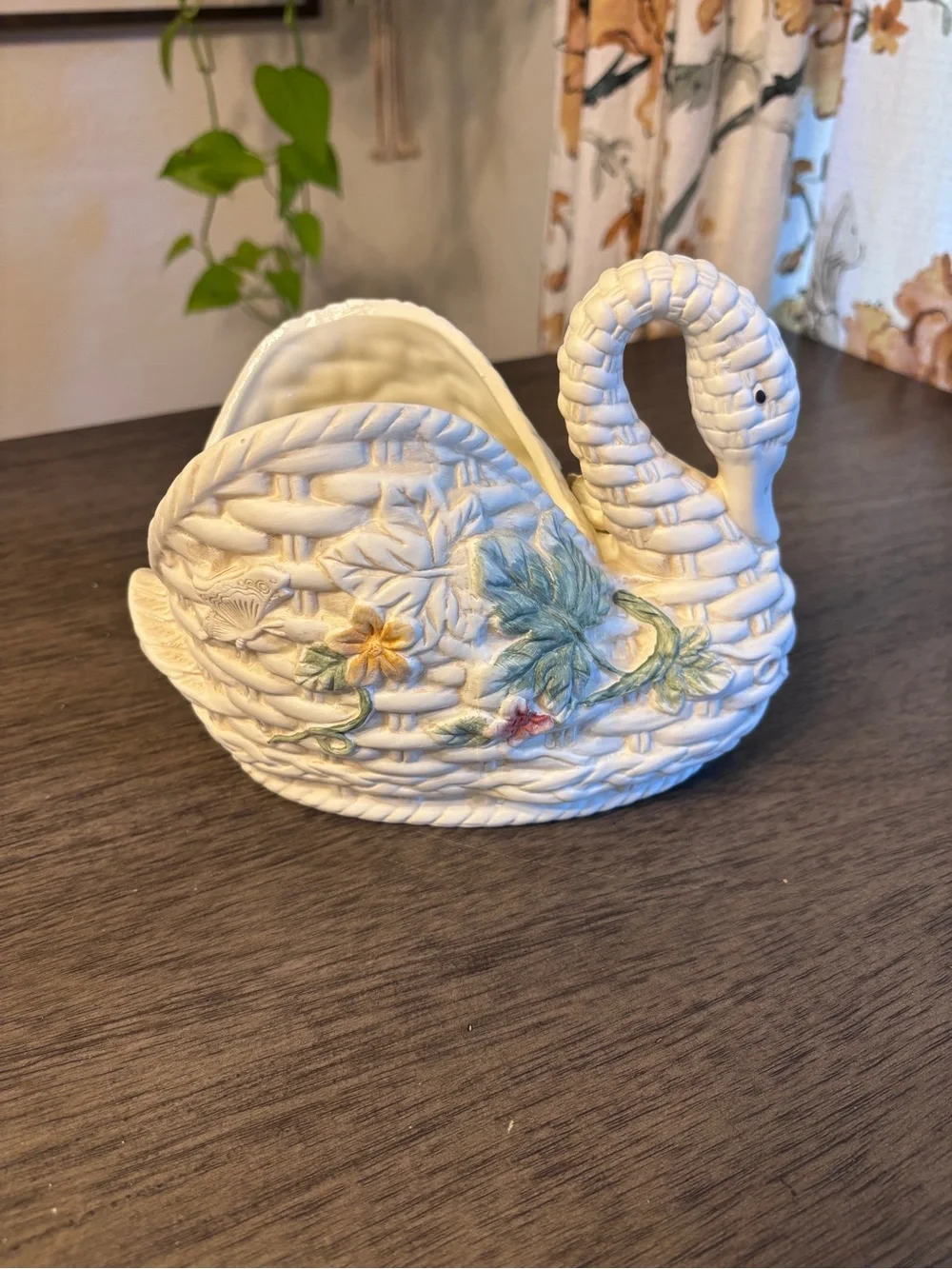 Vintage White Swan Planter with Hand-Painted Floral Accents Cottagecore